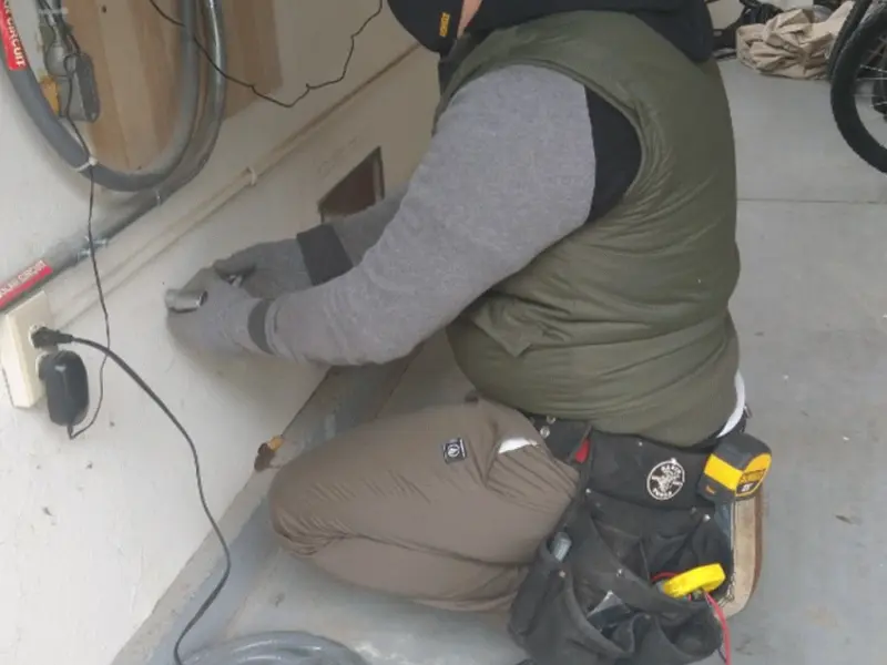 Electrician performing outlet wiring in a Pittsburgh garage